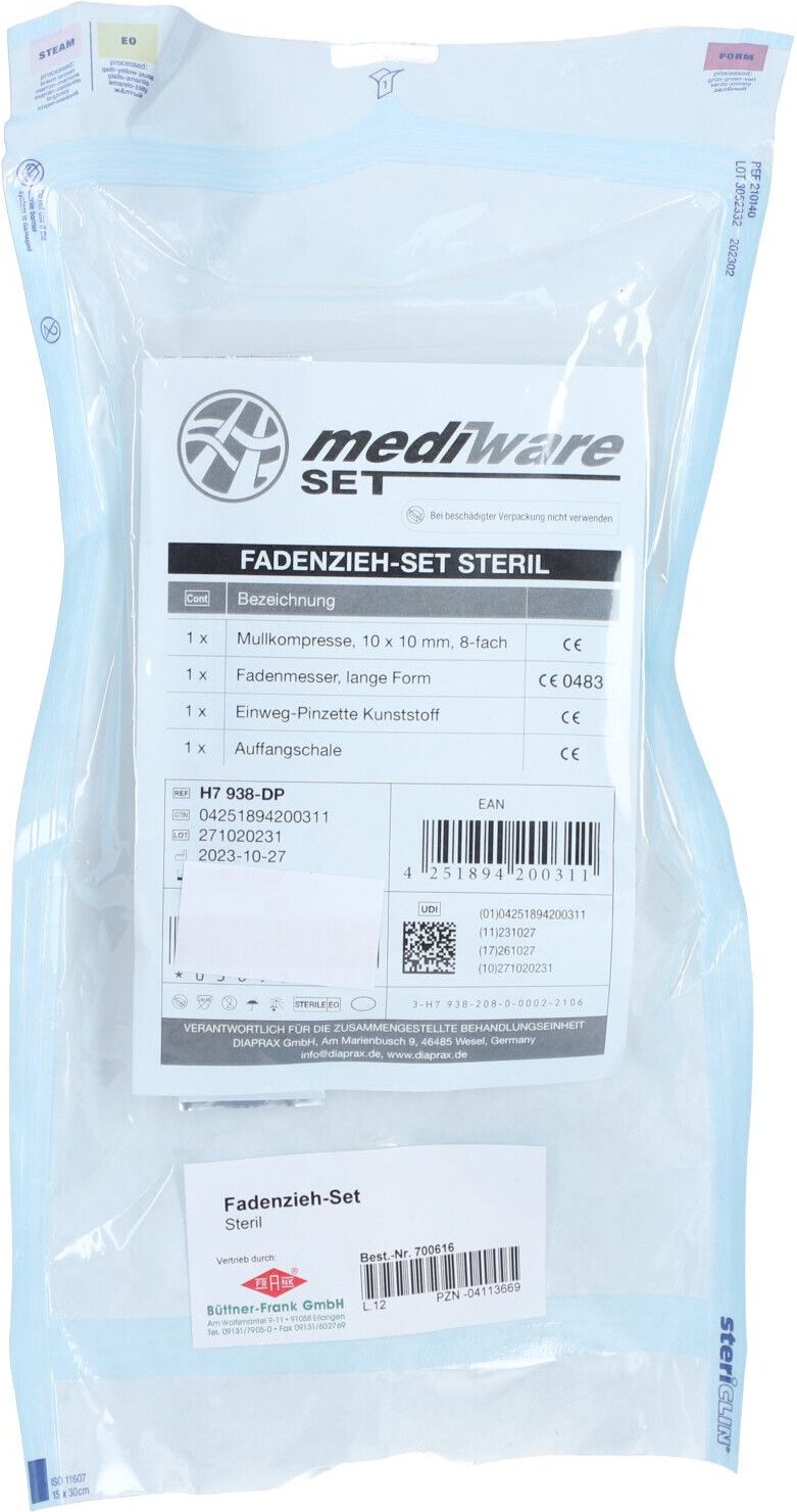 Fadenzieh SET steril m.Trennmesser+Pinzette+Tupfer 1 St Set