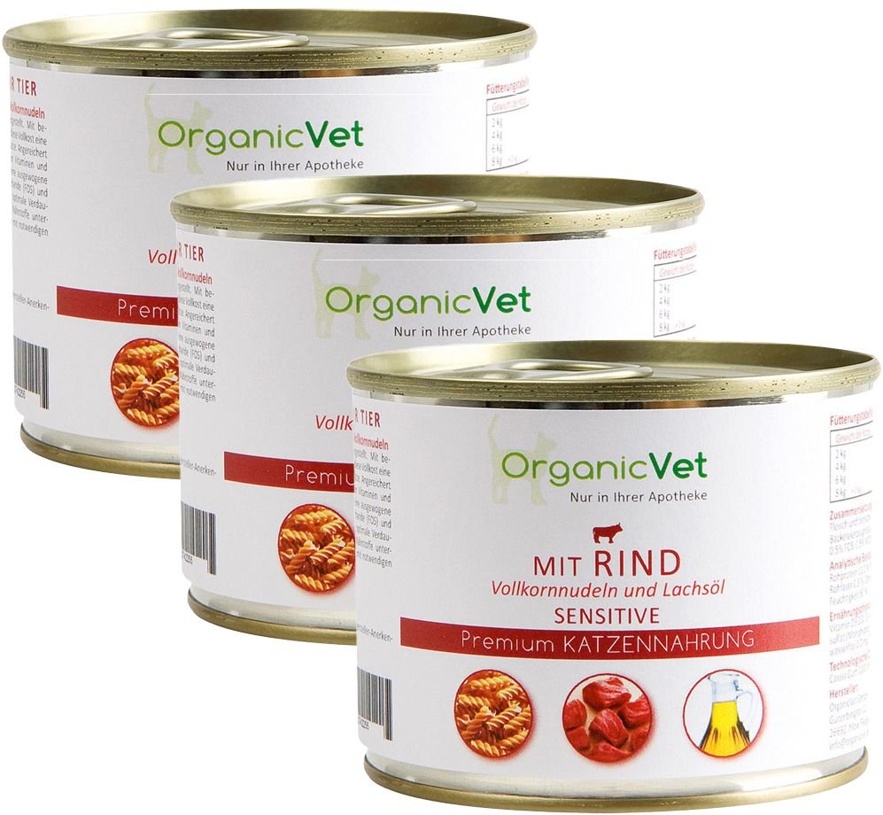 OrganicVet Katze Sensitive Rind mit Vollkornnudeln und Lachsöl 3-er Set 3x200 g Futter