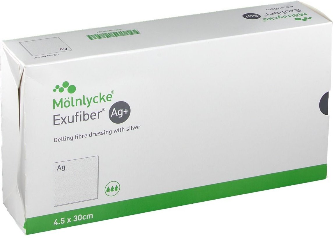 Exufiber Ag+ 4,5x30 cm gelbild.Faserverb.m.Silber 10 St Verband
