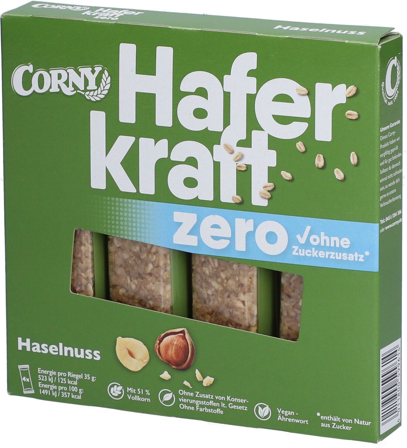 Corny Haferkraft Zero Faltschachtel Haselnuss 4 St Riegel