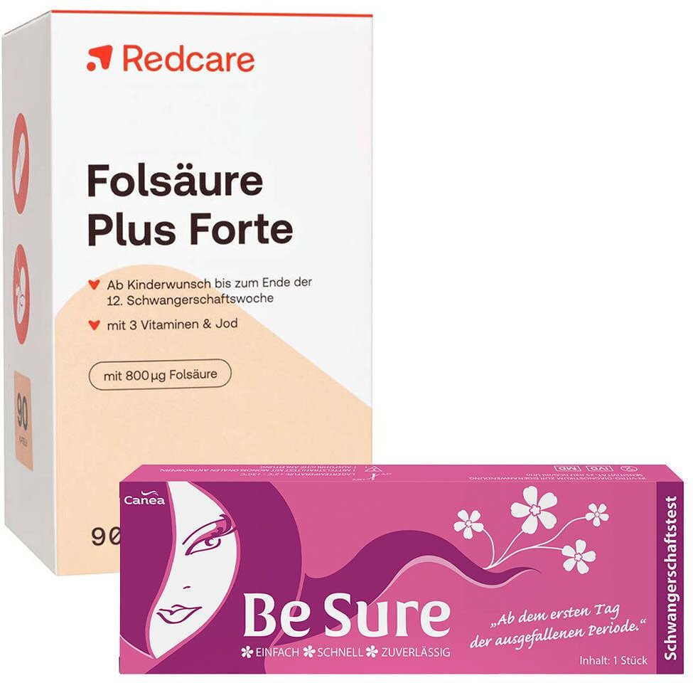 BE Sure Schwangerschaftste + Folsaeure Plus Fort Redcare 1 St Set