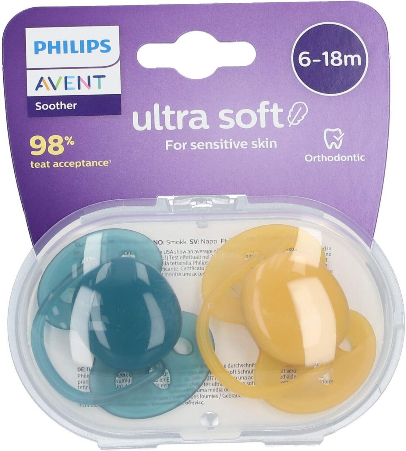Philips Avent Fopspeen Ultra Soft Groen - Geel 6-18 Maanden Scf091/04 2 St Schnuller