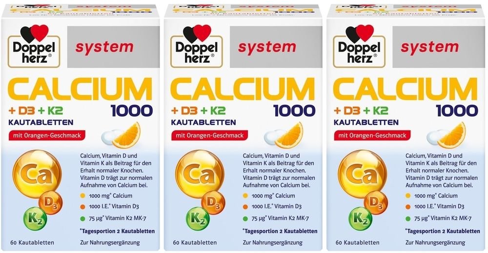 Doppelherz Calcium 1000+D3+K2 system Kautabletten 3x 3x60 St