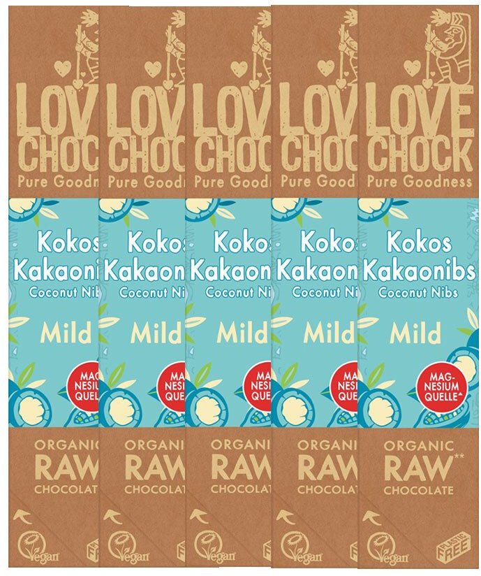 Lovechock Bio rohe Schokolade Creamy, Kokos-Kakaonibs 5x40 g