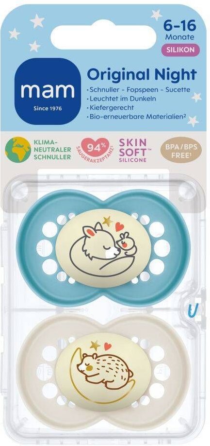 MAM Original Night Fopspeen Silicone Blue 6-16 2 St Schnuller