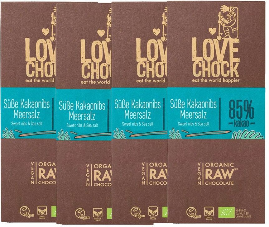 Lovechock Bio rohe Schokolade, Süße Kakaonibs-Meersalz, Tafel 4x70 g Schokolade