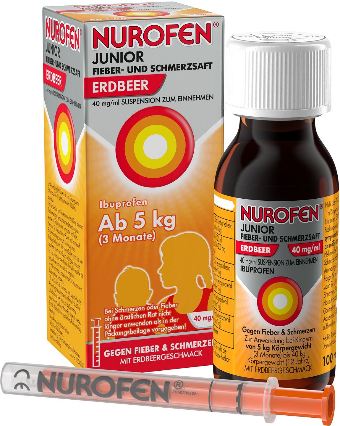 Nurofen Junior Fieber-u.Schmerzsaft Erdbe.40 mg/ml 100 ml Suspension zum Einnehmen