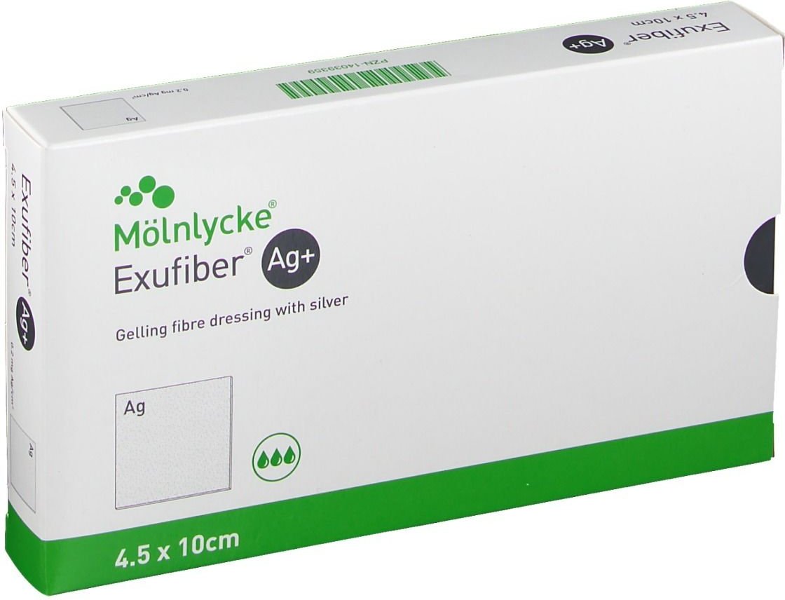 Exufiber Ag+ 4,5x10 cm gelbild.Faserverb.m.Silber 10 St Verband