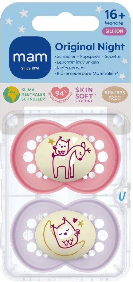 MAM Original Night Fopspeen Silicone Pink 16m+ 2 St Schnuller