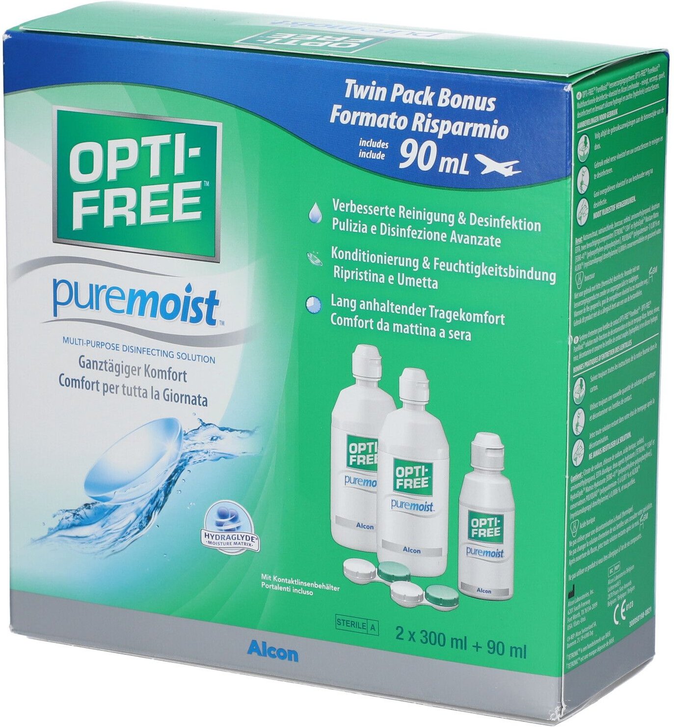 Opti-Free PureMoist (2x Behälter + 90ml Kombilösung + 2x300ml Kombilösung) Kombilösung, Pflegemittel
