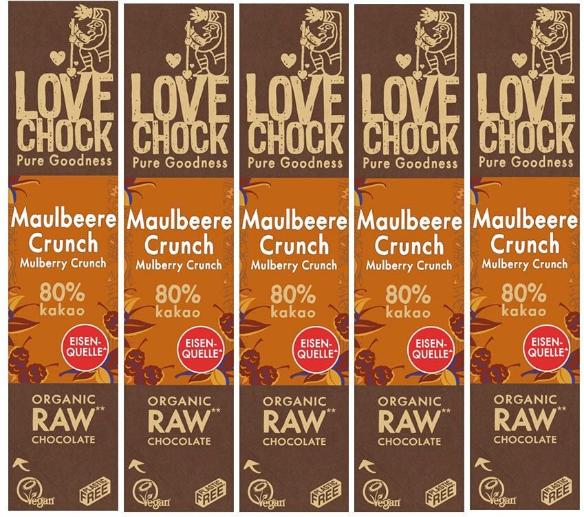 Lovechock Bio rohe Schokolade Bars, Maulbeere-Vanille 5x40 g