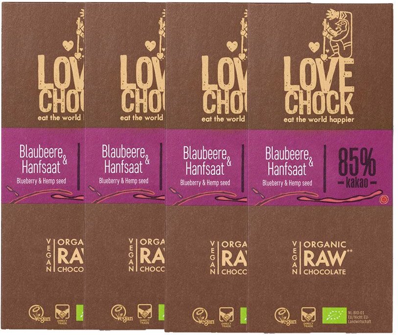 Lovechock Bio rohe Schokolade, Blaubeere-Hanfsaat, Tafel 4x70 g Schokolade