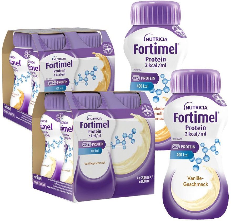 Fortimel Protein 2 kcal Schoko.-Karamell Trinknahr & Vanillegeschm 2x4x200 ml Flüssigkeit