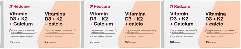 Redcare Vitamin D3, K2 und Calcium 60 Tabletten Dreierpack 3x60 St