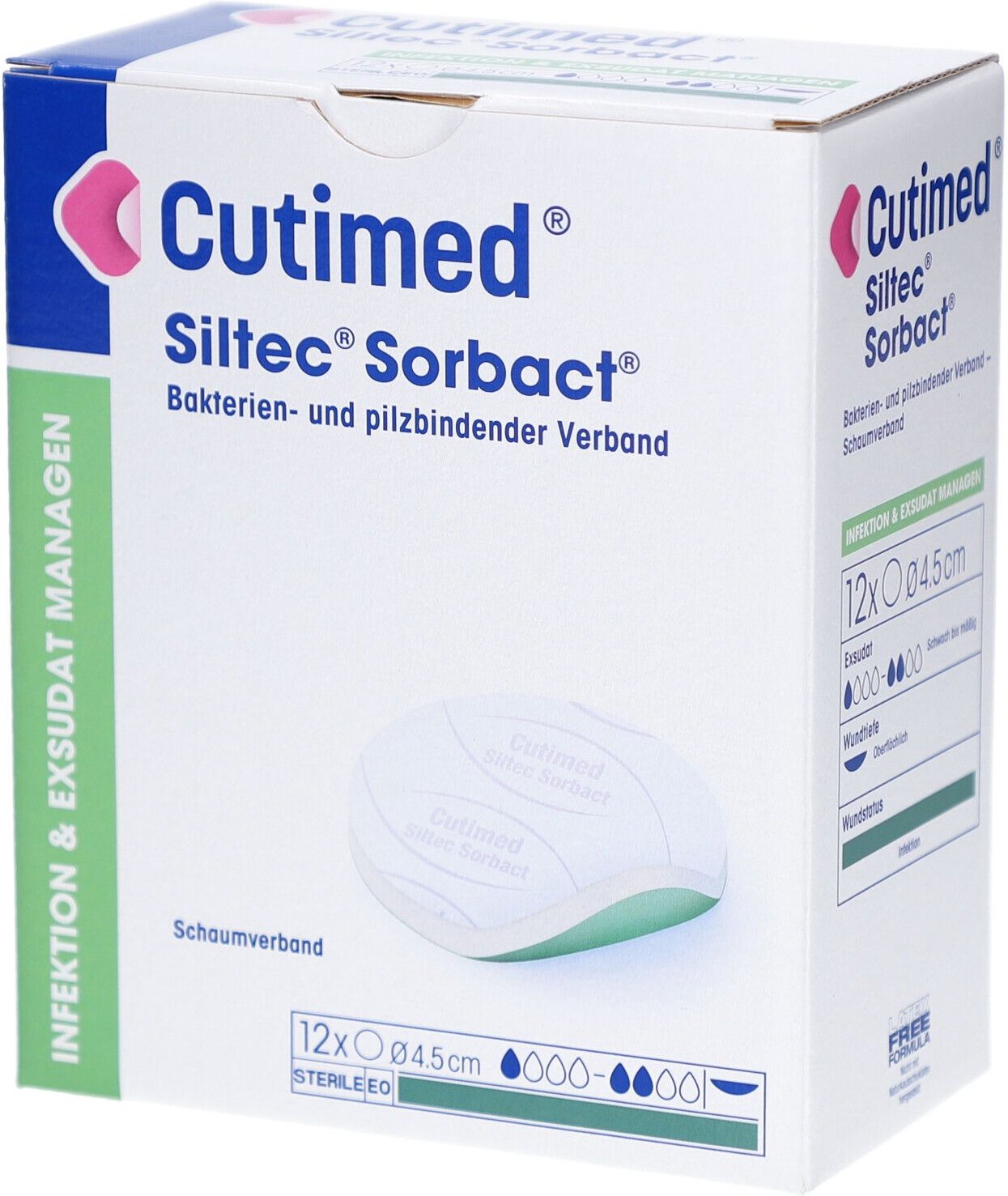 Cutimed Siltec Sorbact PU-Verb.4,5cm o.Haftrand 12 St Kompressen
