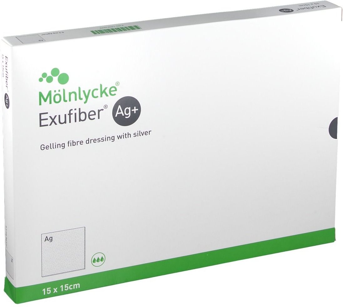 Exufiber Ag+ 15x15 cm gelbild.Faserverb.m.Silber 10 St Verband