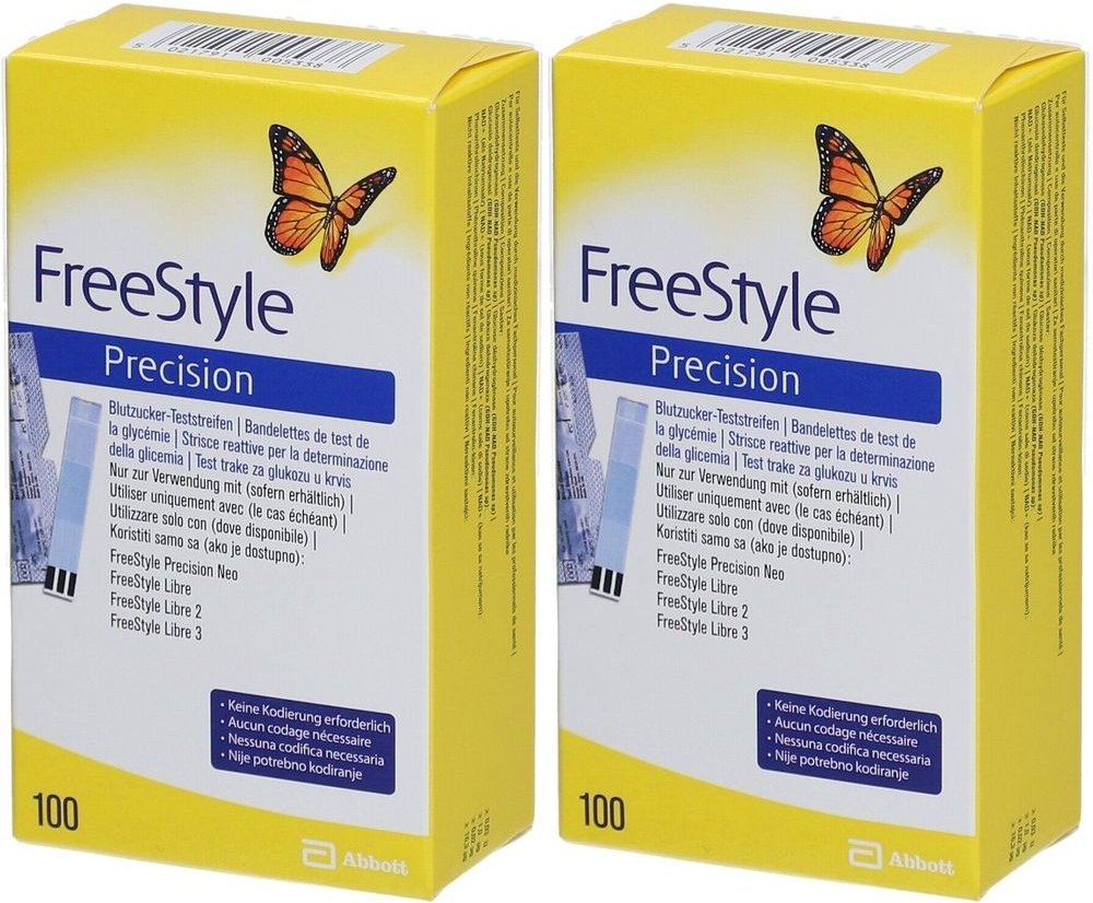 Freestyle Precision Blutzucker Teststr.o.Codierung 2x 2x100 St Teststreifen