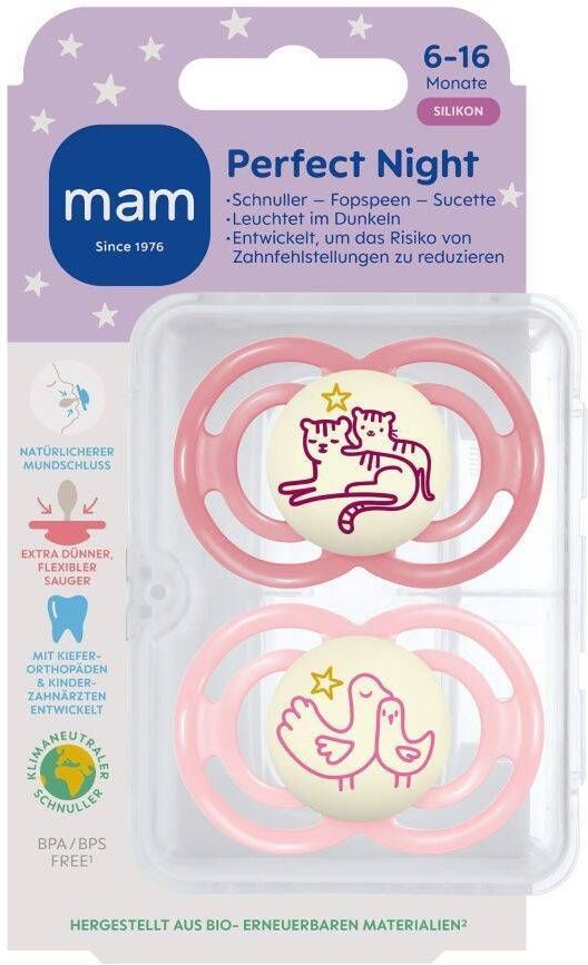MAM Perfect Night Fopspeen Silicone Pink 6-16 2 St Schnuller