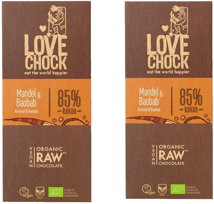 Lovechock Bio rohe Schokolade, Mandel-Baobab, Tafel 2x70 g Schokolade