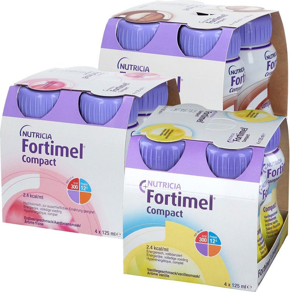 Thumbnail - Fortimel Compact 2.4 Trinknahrung Vanille + Erdbeere Schokolade 3x4x125 ml Flüssigkeit