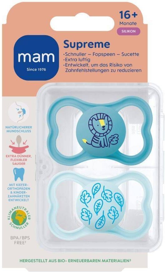 MAM Supreme Fopspeen Silicone Blue 16m+ 2 St Schnuller