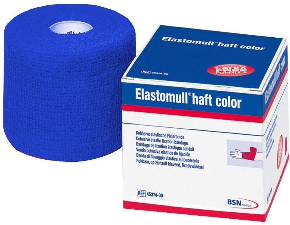 Elastomull haft color 10 cmx4 m Fixierb.blau 4x 4x1 St Binden