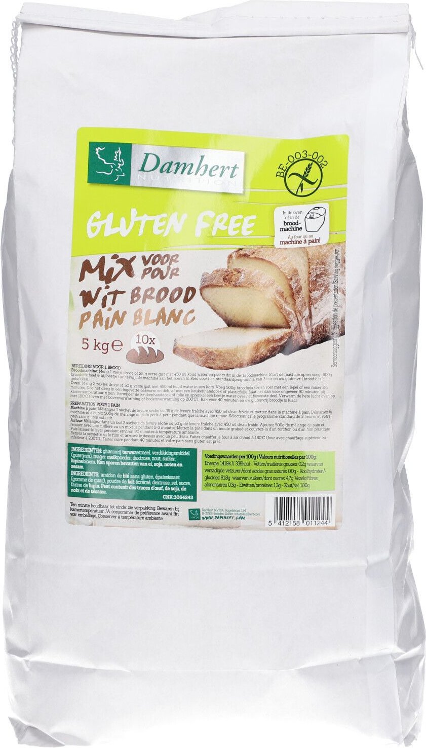 Damhert Glutenvrije Broodmix Wit 5 kg Pulver
