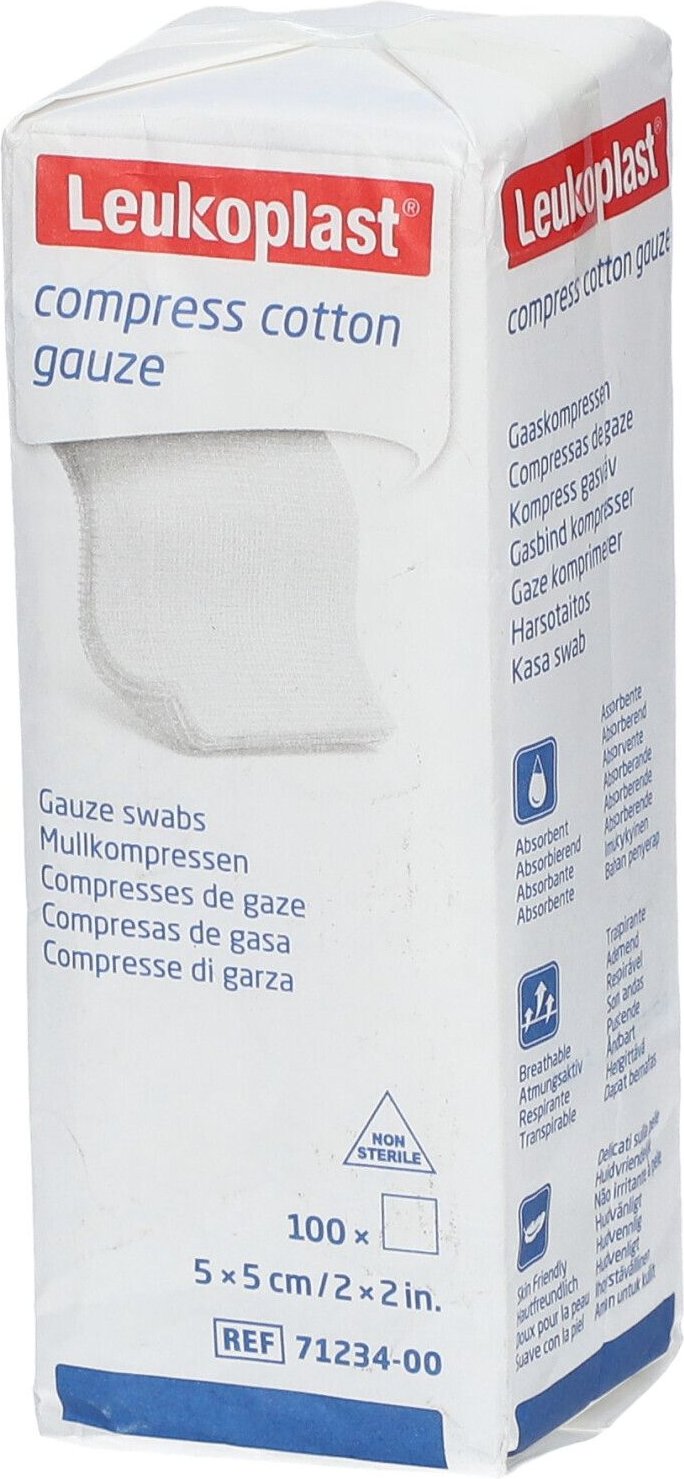 Leukoplast compress Cotton Gauze 5x5cm unst.8f 100 St Kompressen