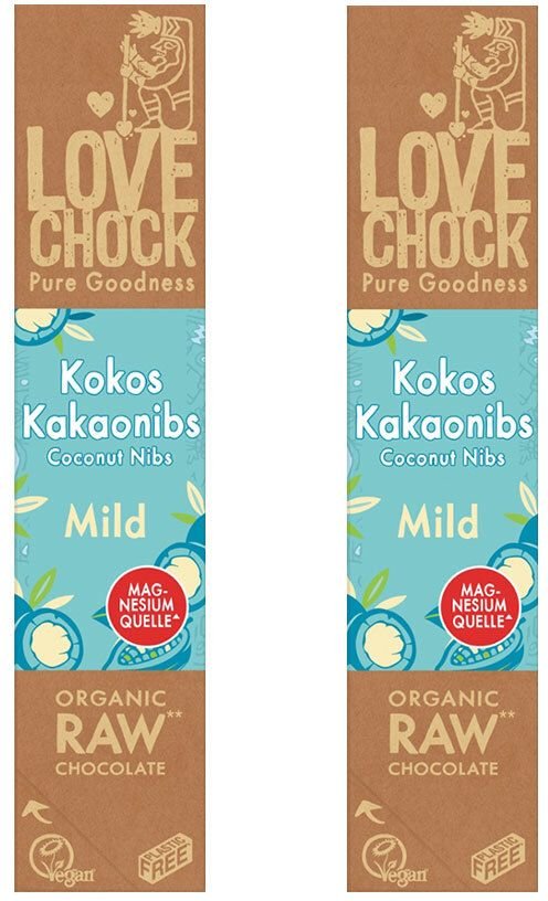 Lovechock Bio rohe Schokolade Creamy, Kokos-Kakaonibs 2x40 g