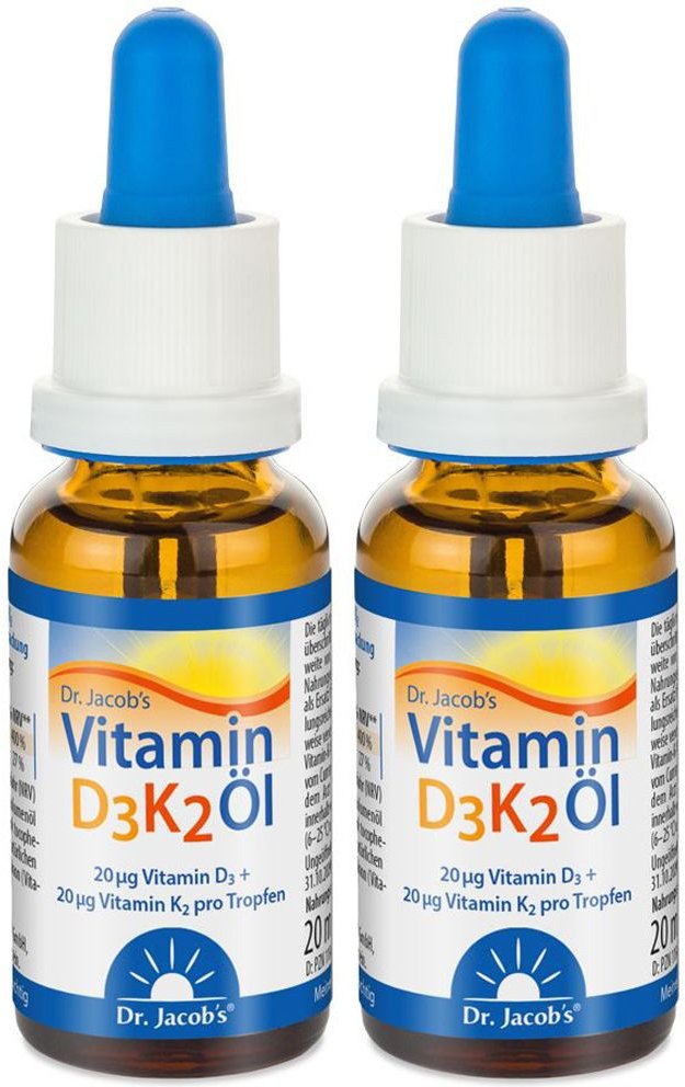 Dr. Jacob's Vitamin D3K2 Öl 800 Ie/20 mcg D3+K2 640 Tropfen vegetarisch Doppelpack 2x20 ml zum Einnehmen