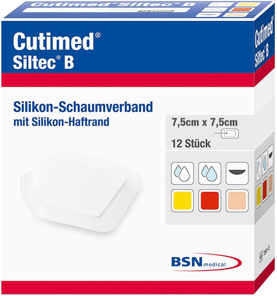 Cutimed Siltec B Schaumverb.7,5x7,5 cm m.Haftr. 12 St Kompressen