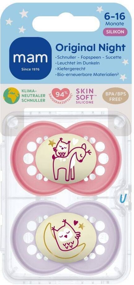 MAM Original Night Fopspeen Silicone Pink 6-16 2 St Schnuller