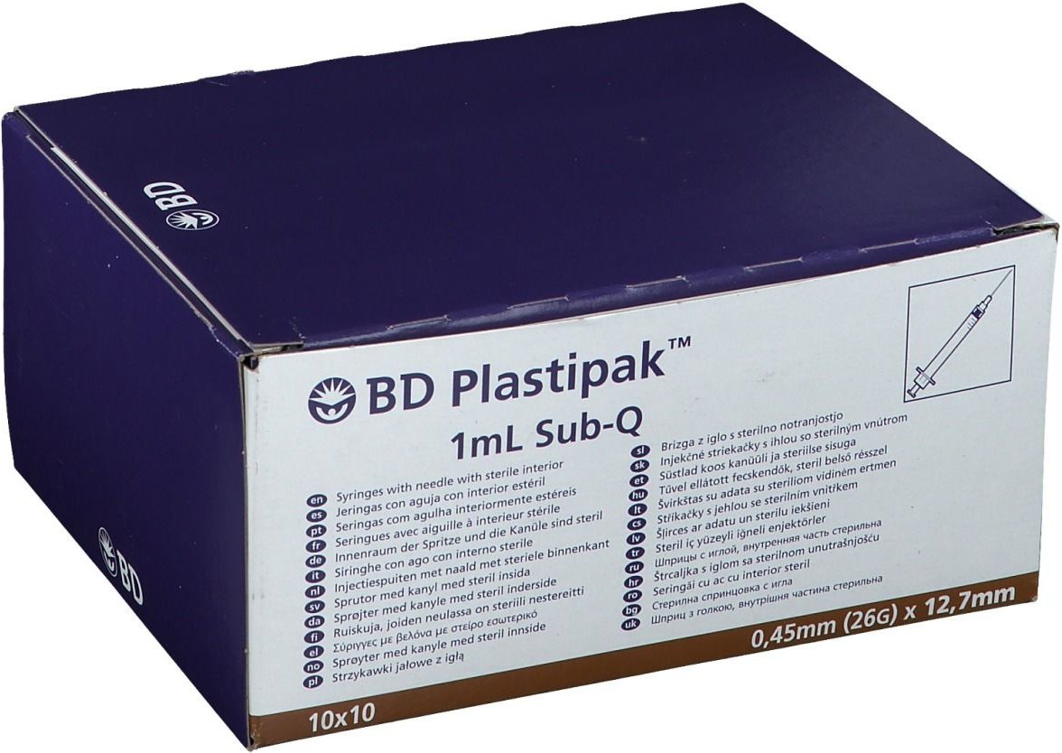 BD Plastipak Spr.1 ml Sub-Q 26 G 1/2 einges.Ka. 100x1 Spritzen
