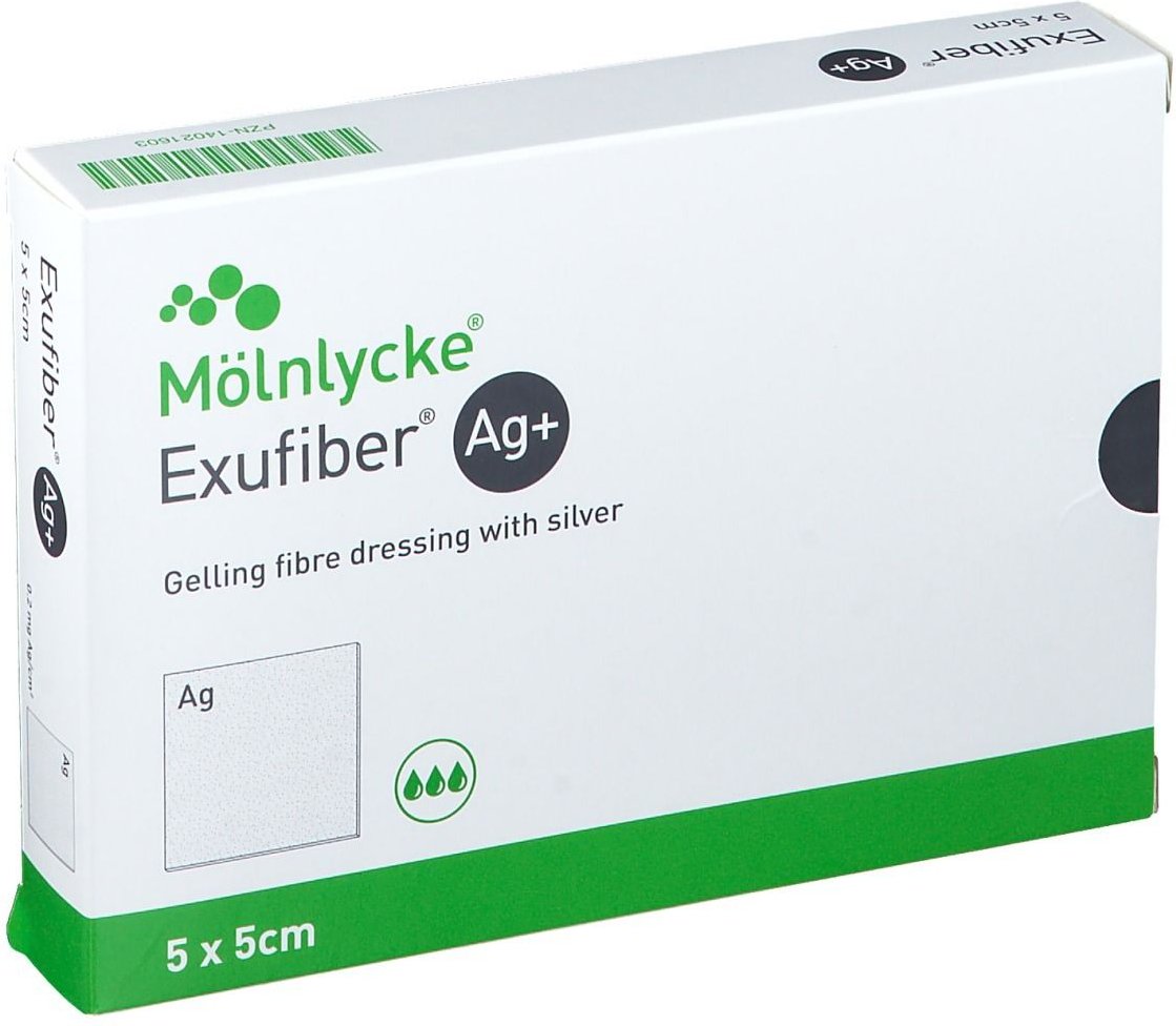 Exufiber Ag+ 5x5 cm gelbild.Faserverb.m.Silber 10 St Verband