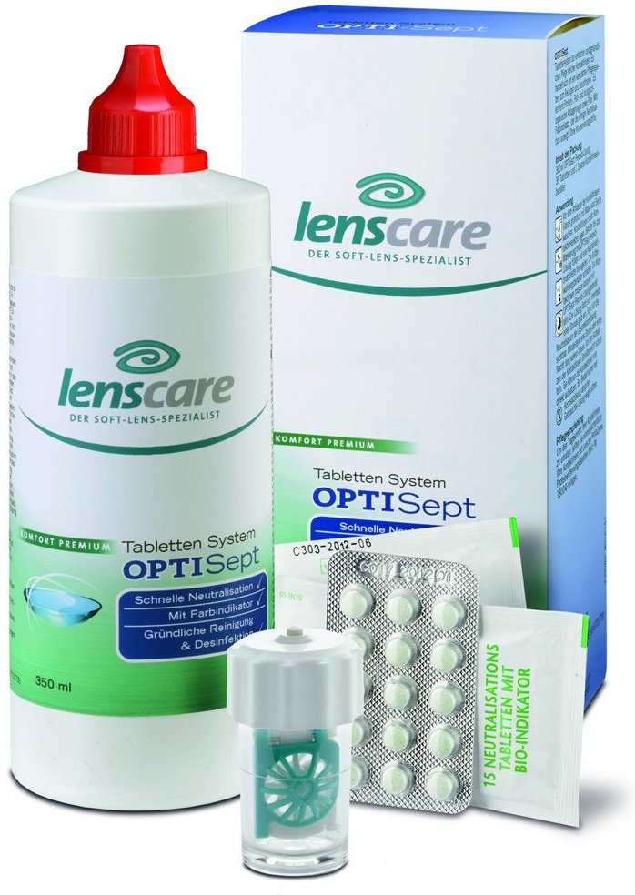 Lenscare OptiSept Kombip.350 ml+45 Tabl.+1 Beh. 1 St Kombipackung