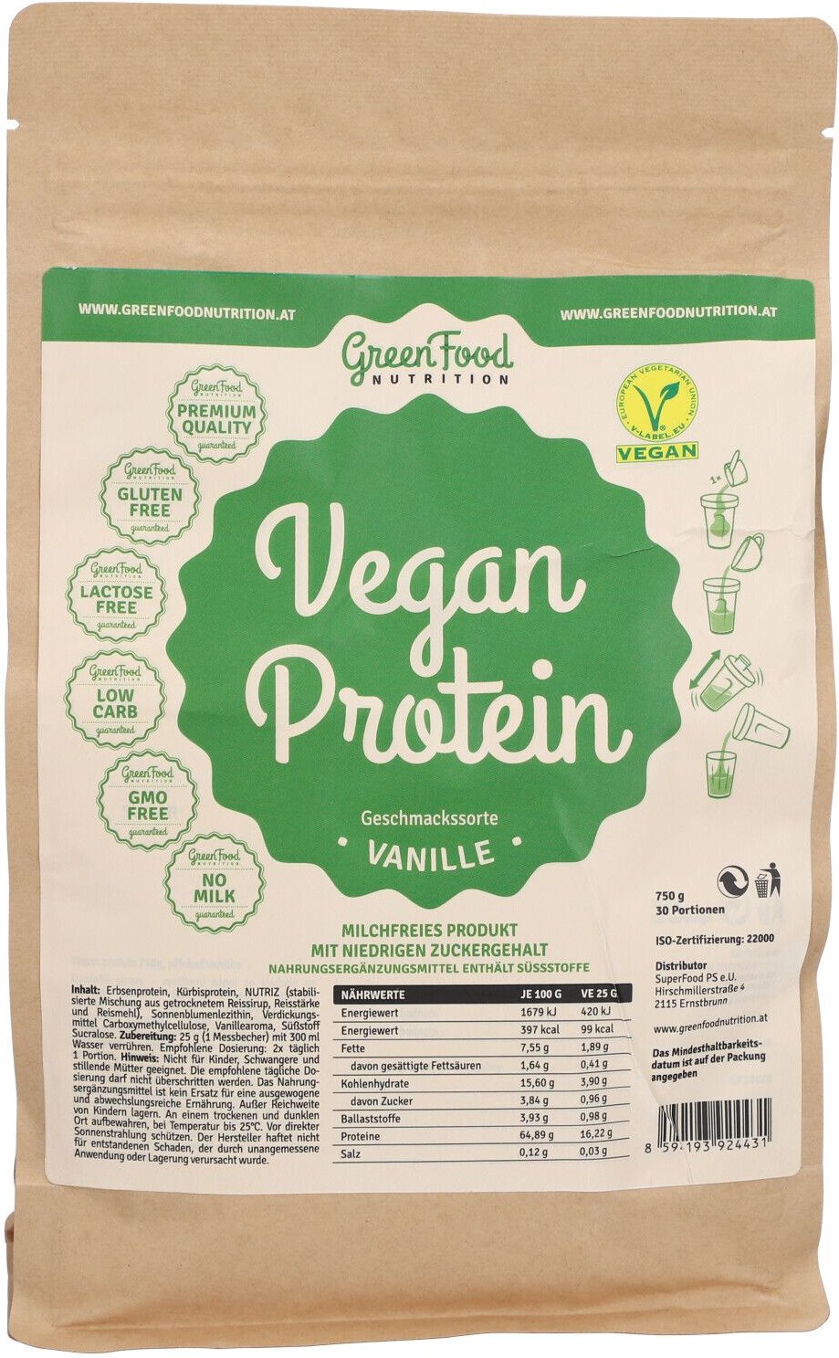 GreenFood Nutrition Vegan protein flavour vanilla 750g 750 g Pulver