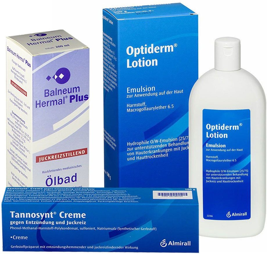 Thumbnail - Optiderm® Lotion 500 g, Tannosynt® Creme 100 g und Balneum Hermal® Plus ml 1 St Set