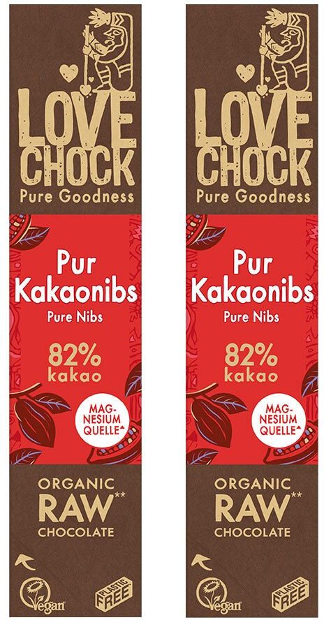 Lovechock Bio rohe Schokolade Bars, Pur-Kakaonibs 2x40 g