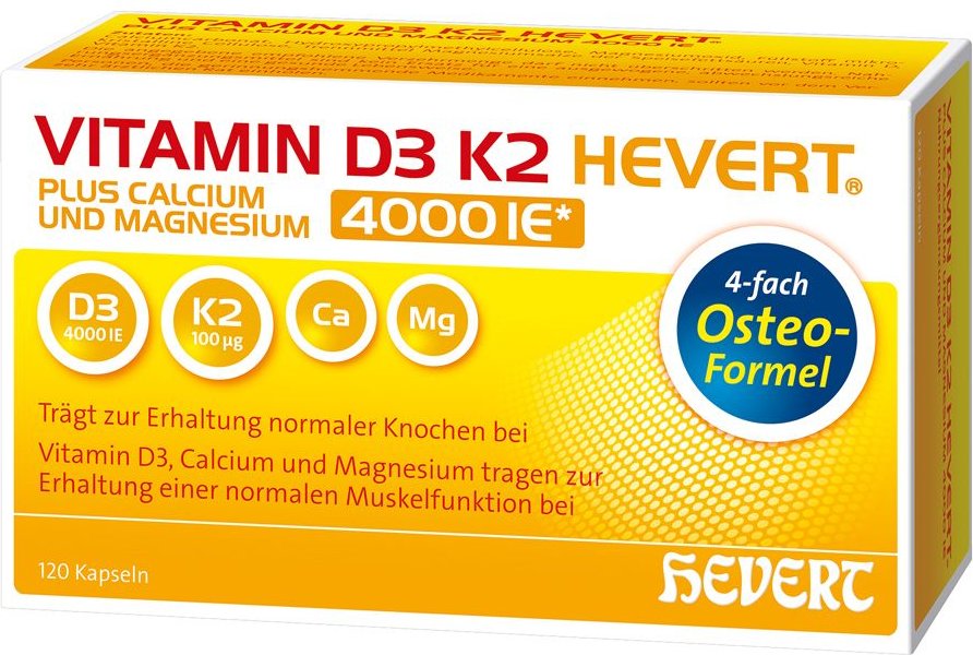 Vitamin D3 K2 Hevert plus Ca Mg 4000 Ie/2 Kapseln 120 St