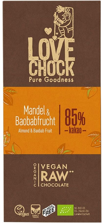 Lovechock Bio rohe Schokolade, Mandel-Baobab 70 g Schokolade