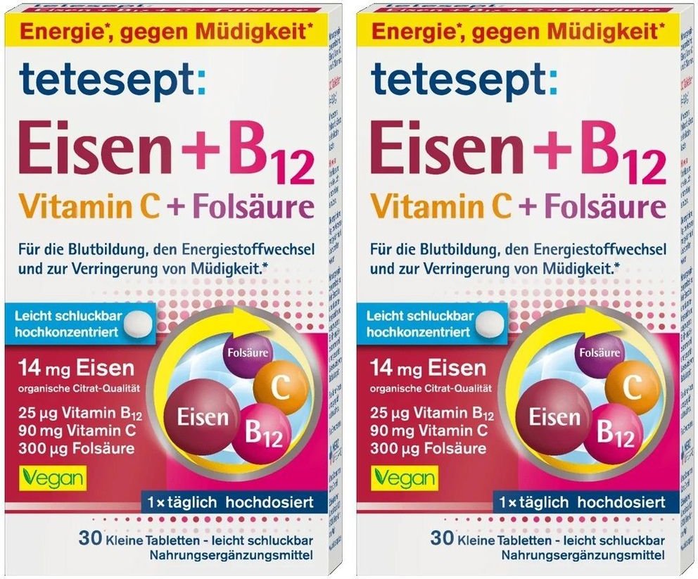 Tetesept Eisen+B12 Vitamin C+Folsäure Filmtabl. 2x 2x30 St Filmtabletten