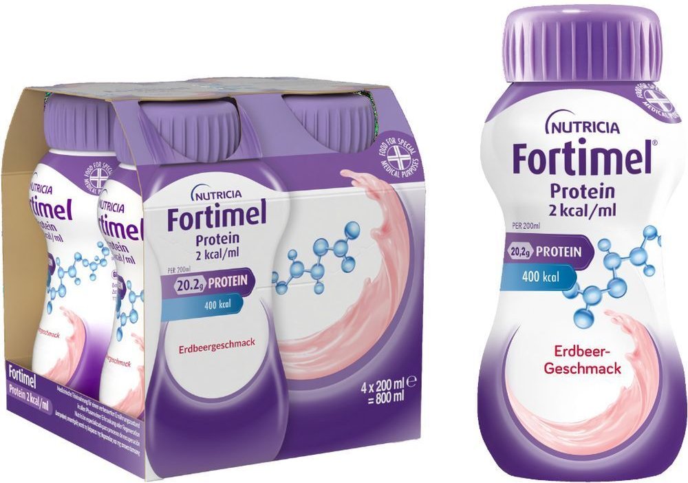 Fortimel Protein 2 kcal Erdbeergeschm.Trinknahrung 4x200 ml Flüssigkeit