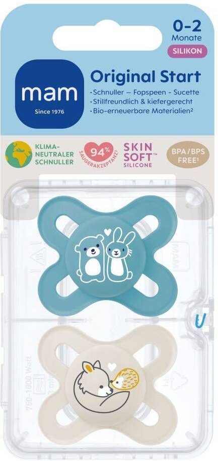 MAM Original Start Fopspeen Silicone Blue 0-2 2 St Schnuller