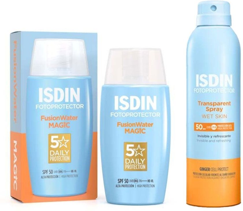 Isdin Fusion Water Magic Sonnencreme Gesicht LSF 50 + Transparent Sonnenspray WET SK 50+250 ml Set