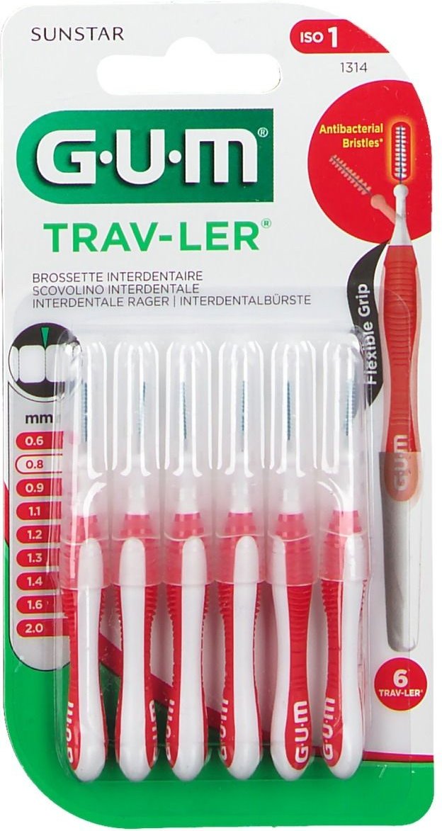 GUM Trav-Ler 0,8mm Kerze rot Interdental+6Kappen 6 St Zahnbürste