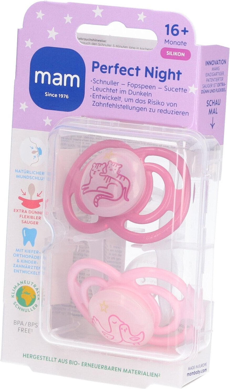 MAM Perfect Night Fopspeen Silicone Pink 16m+ 2 St Schnuller