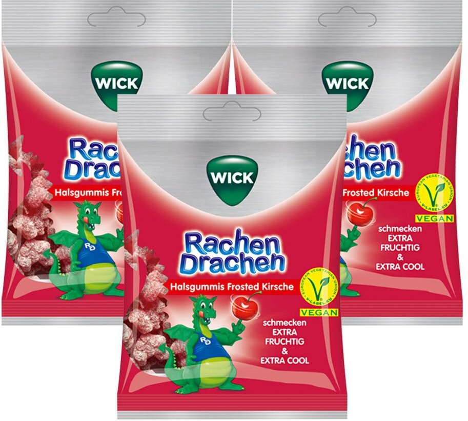 Wick Rachen Drachen Halsgummi Kirsche Dreierpack 3x75 g Bonbons