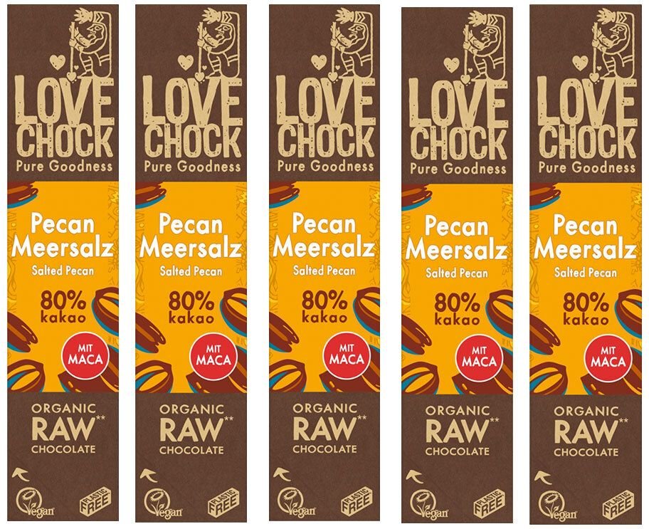 Lovechock Bio rohe Schokolade Bars, Pecan-Maca 5x40 g
