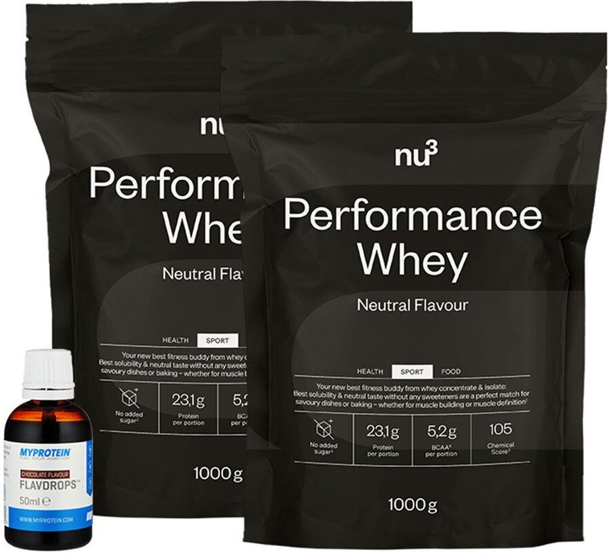 nu3 Performance Whey, Neutral + MyProtein FlavDrops, Schoko 1 St Set