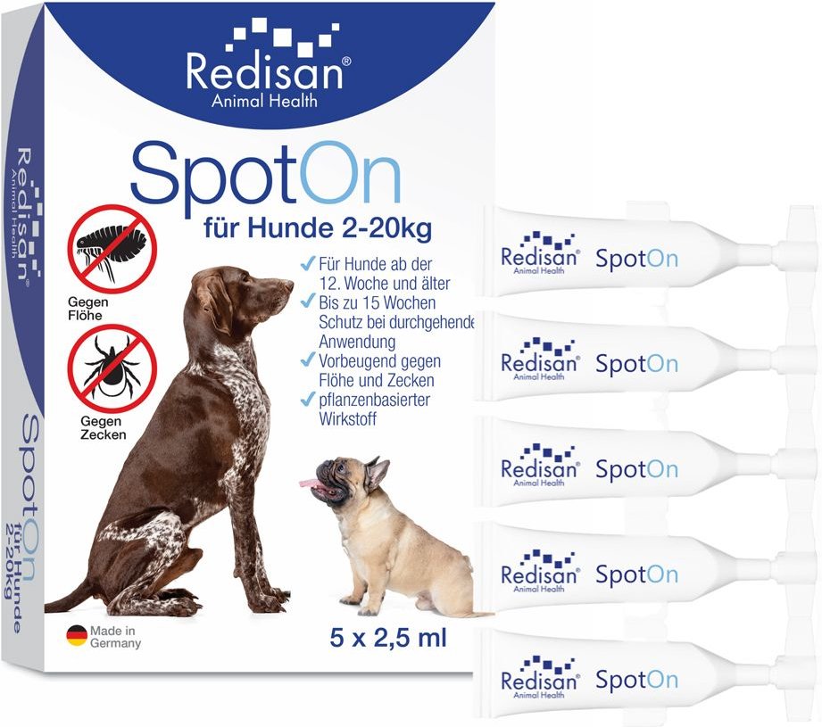 Redisan Spot-on gegen Zecken+Flöhe f.Hunde 2-20 kg 5x2,5 ml Tinktur